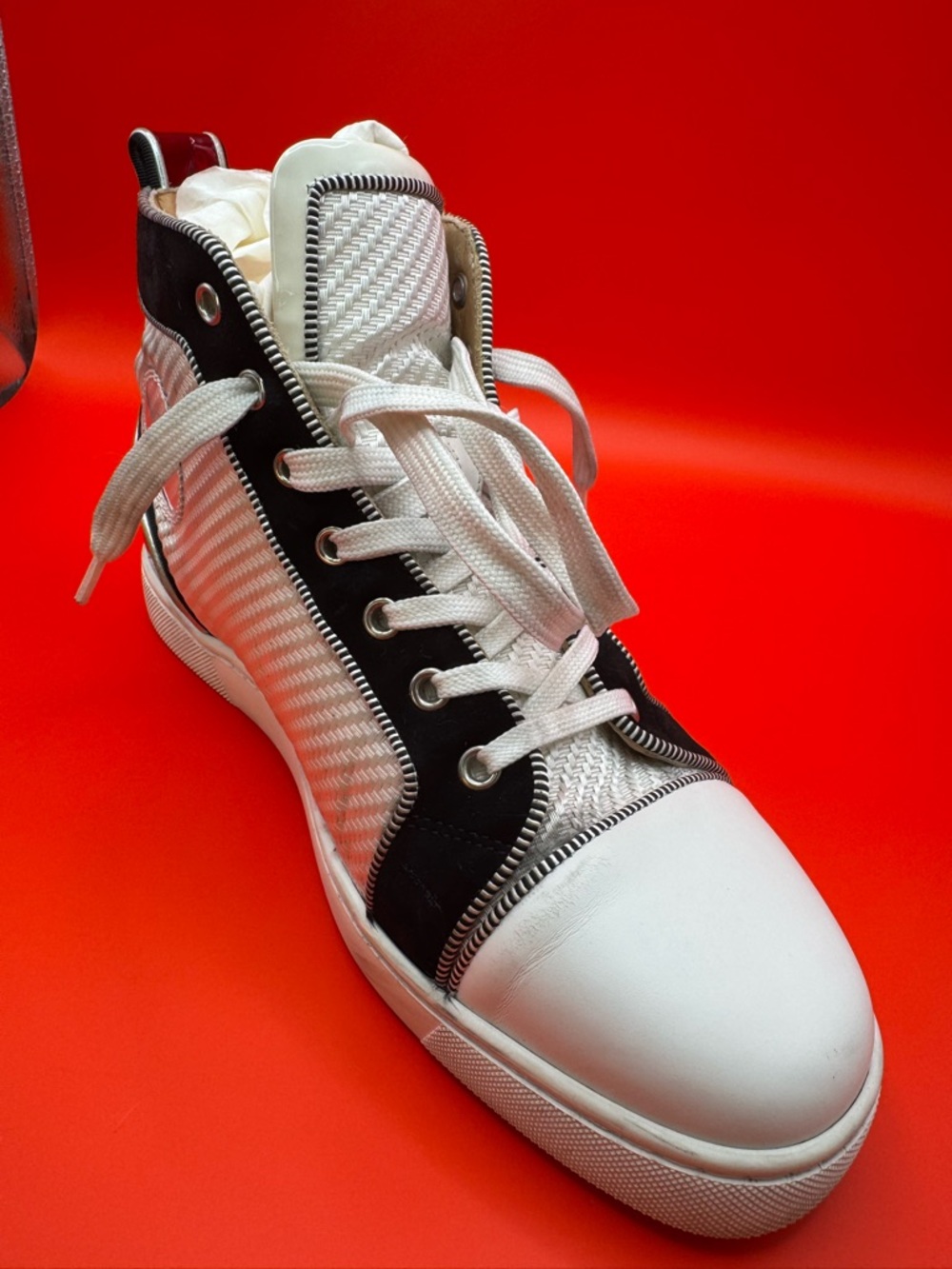 Christian Louboutin Fun Louis Flat High Top Sneaker White Woven Jacquard W Box - Picture 10 of 10